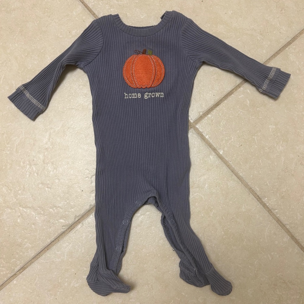 Mud Pie 0-3M Gray Pumpkin Home Grown‎ Ribbed Footed One Piece Romper Outfit fall